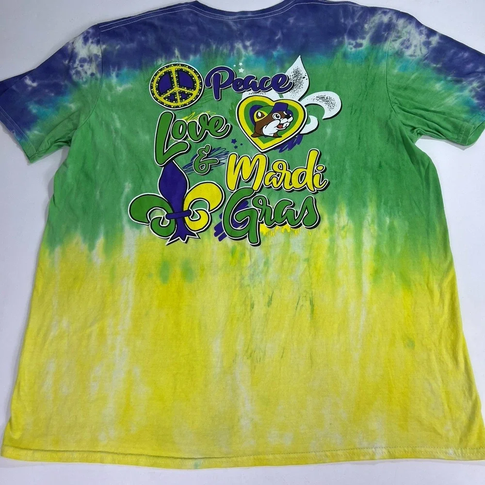 Buc-ee's Peace Love Mardi Gras T Shirt XL Tie Dye Blue Green Yellow New Orleans - Picture 5 of 12